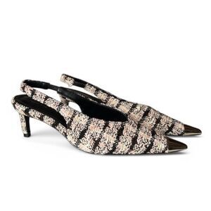 Anine Bing Nina Tweed Slingback Heels Gold Cap Toe Pointed Pump EU 40 US 9 9.5